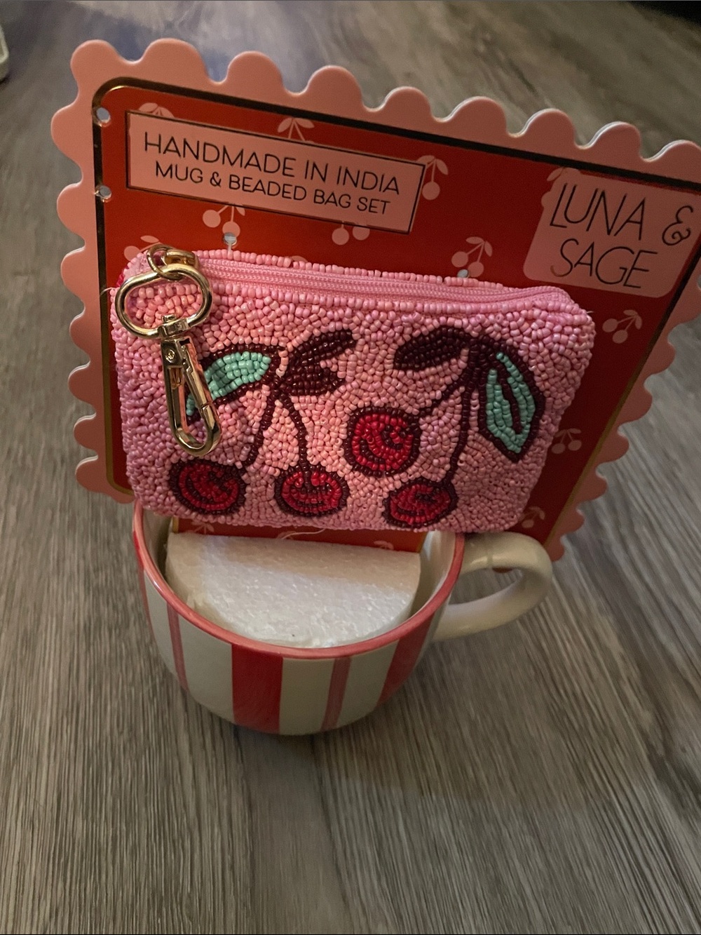 Luna & Sage Pink Beaded Cherry Key & Card Holder with Gold Clip